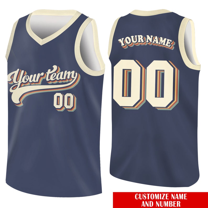 Custom basketball jersey in navy with team name and number, front and back