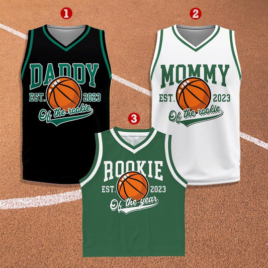 Daddy, Mommy and Rookie of the Year matching basketball jerseys in black, white and green
