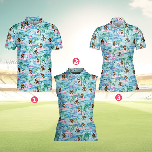 Bigfoot surfing polo shirt shown in men's, women's and sleeveless cuts