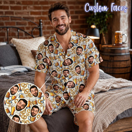 Man wearing custom face beer and pretzel short pajama set with photo print close-up