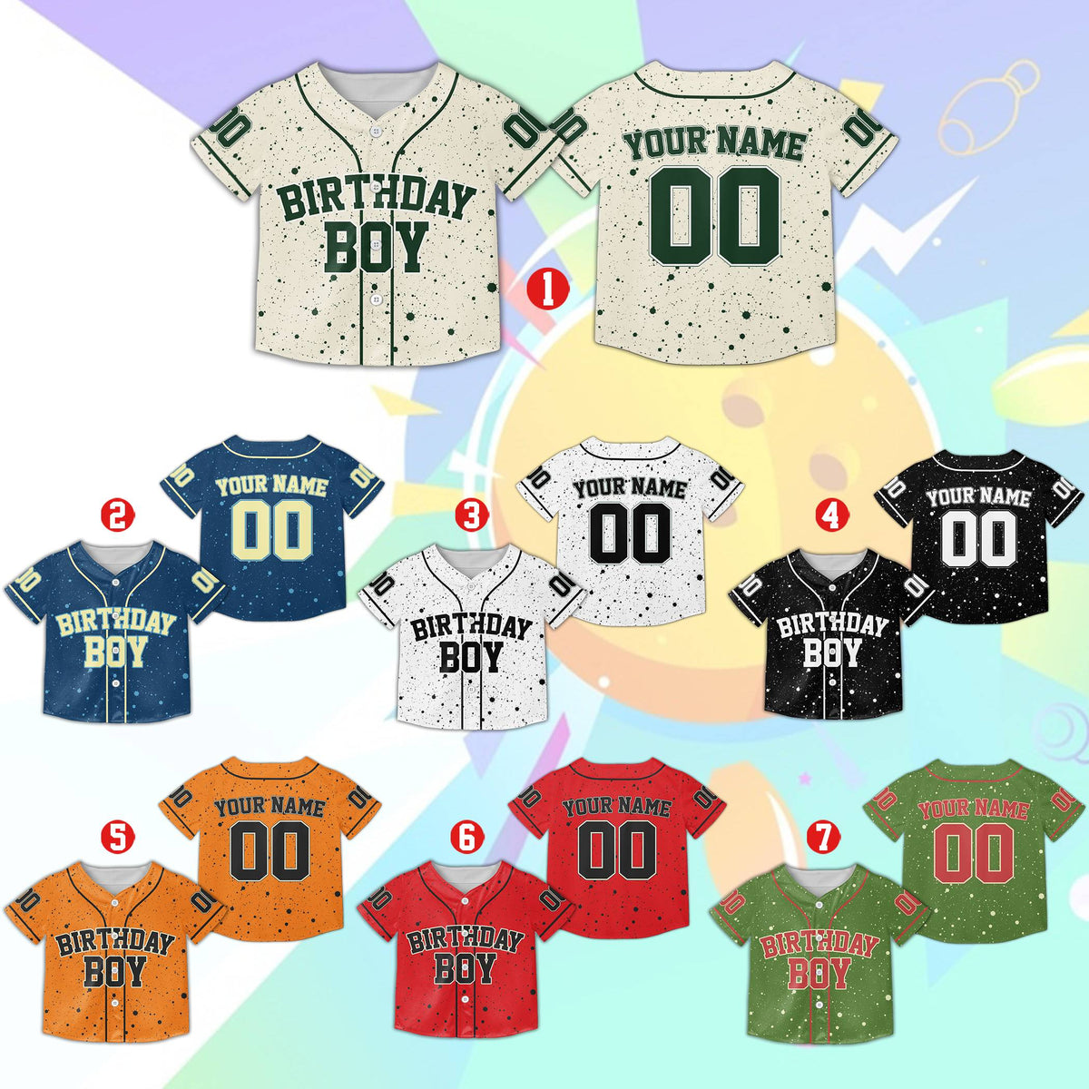 Back view of the multicolor birthday kids jersey showing custom name and number placeholders