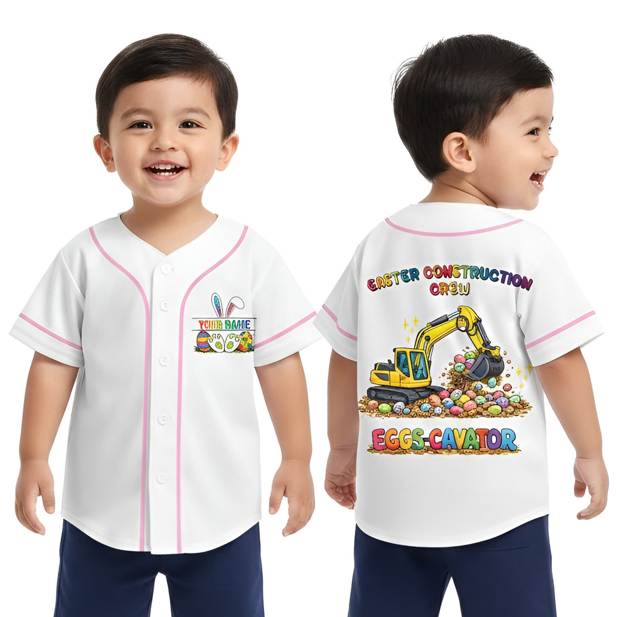 Child looking back to show the easter construction crew design