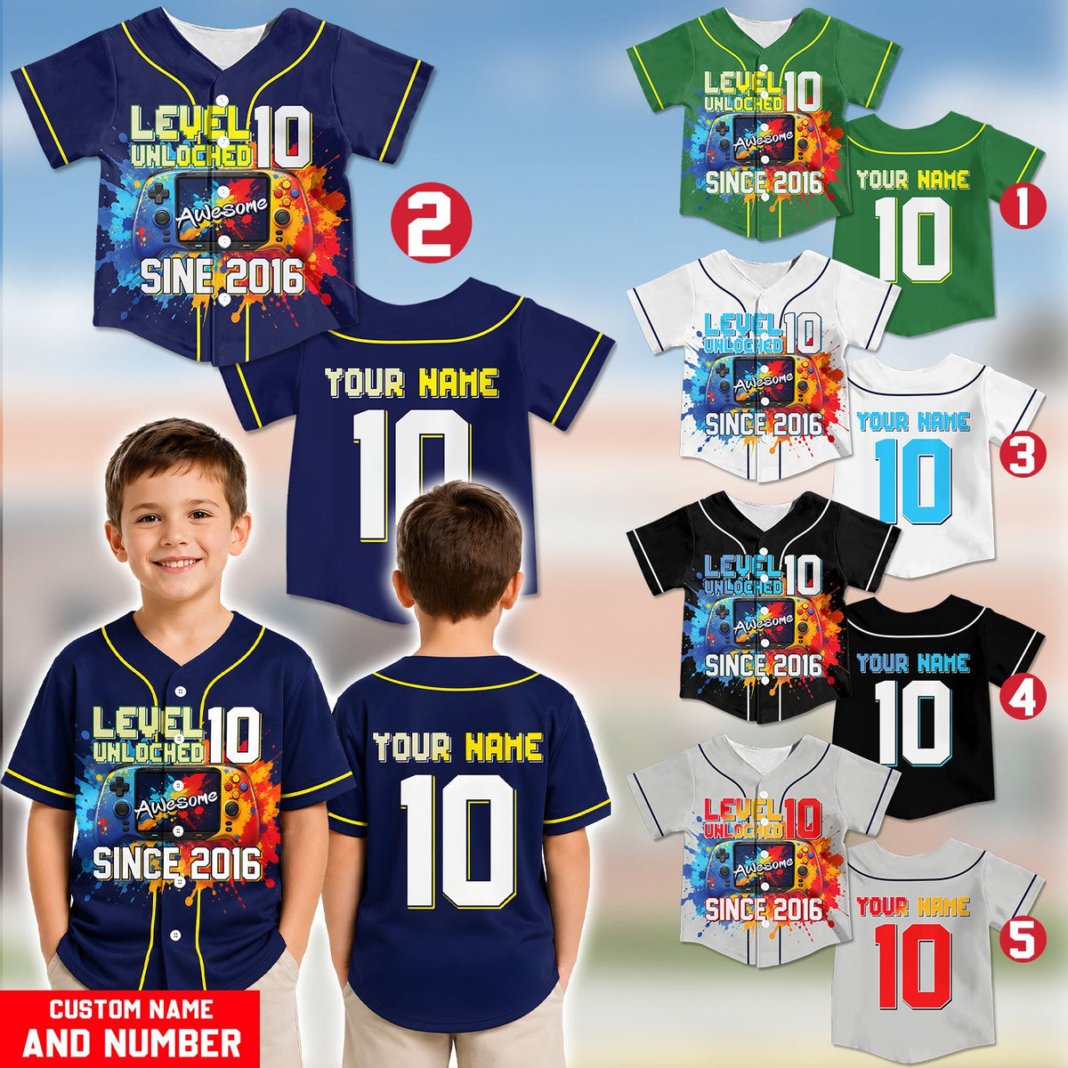 Alternate lifestyle view of a kid wearing the navy custom name and number kids jersey