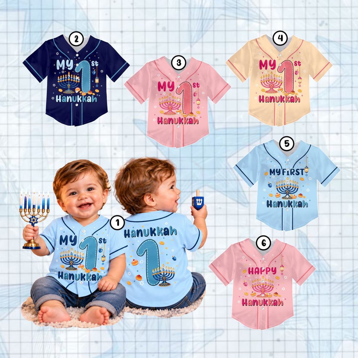 Lifestyle view of the personalized Hanukkah kids jersey in multicolor