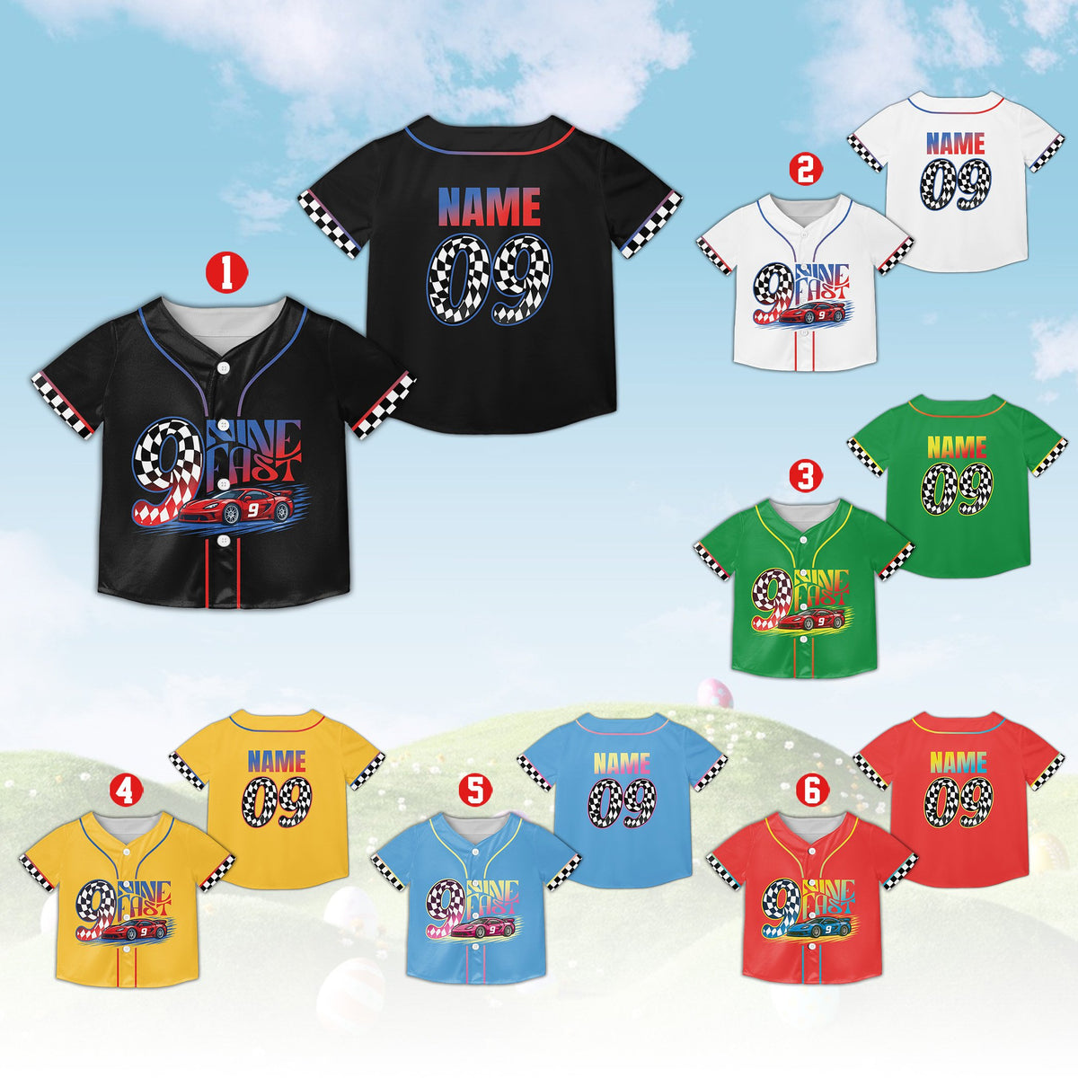 Racing birthday kids jersey in multicolor, front view