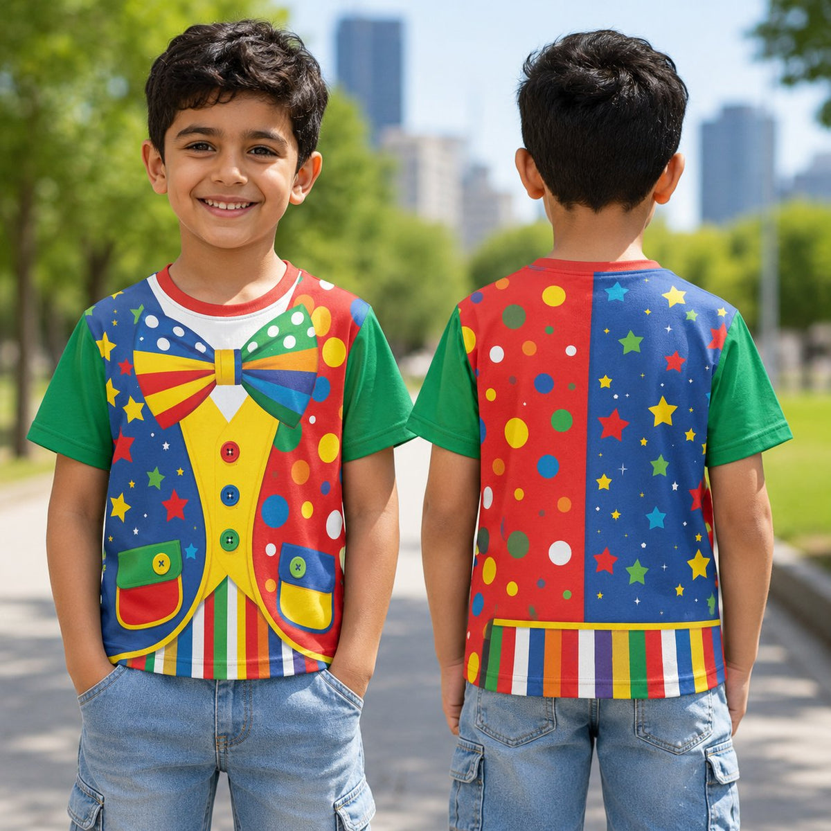Child wearing the colorful clown kids t-shirt in a lifestyle setting
