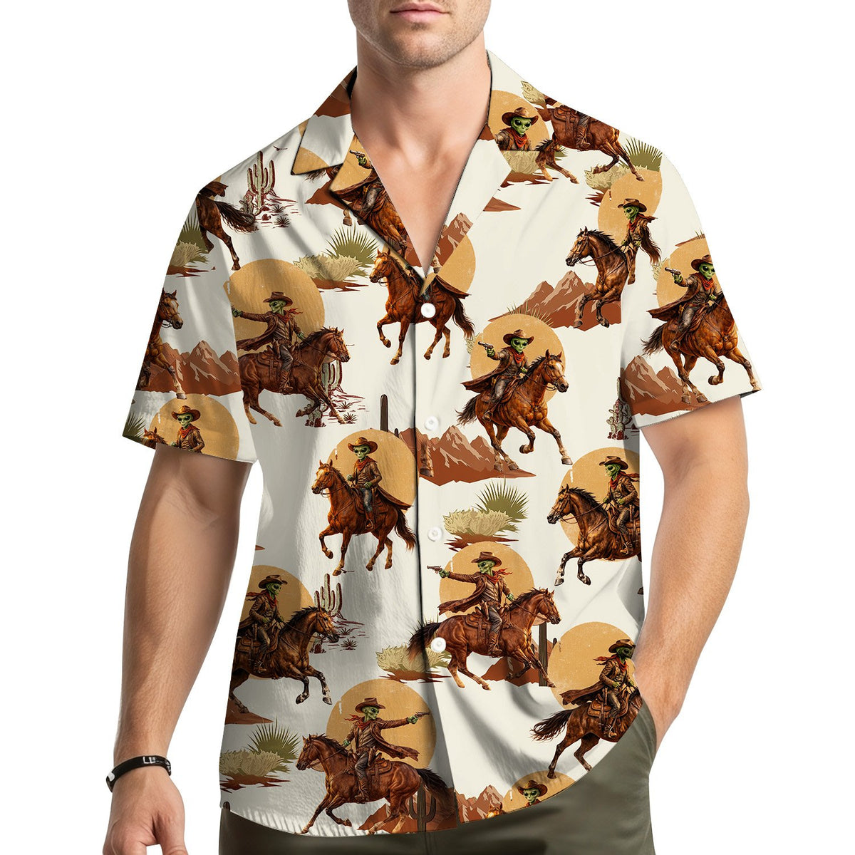 Another lifestyle view of the matching family alien western hawaiian shirt outdoors