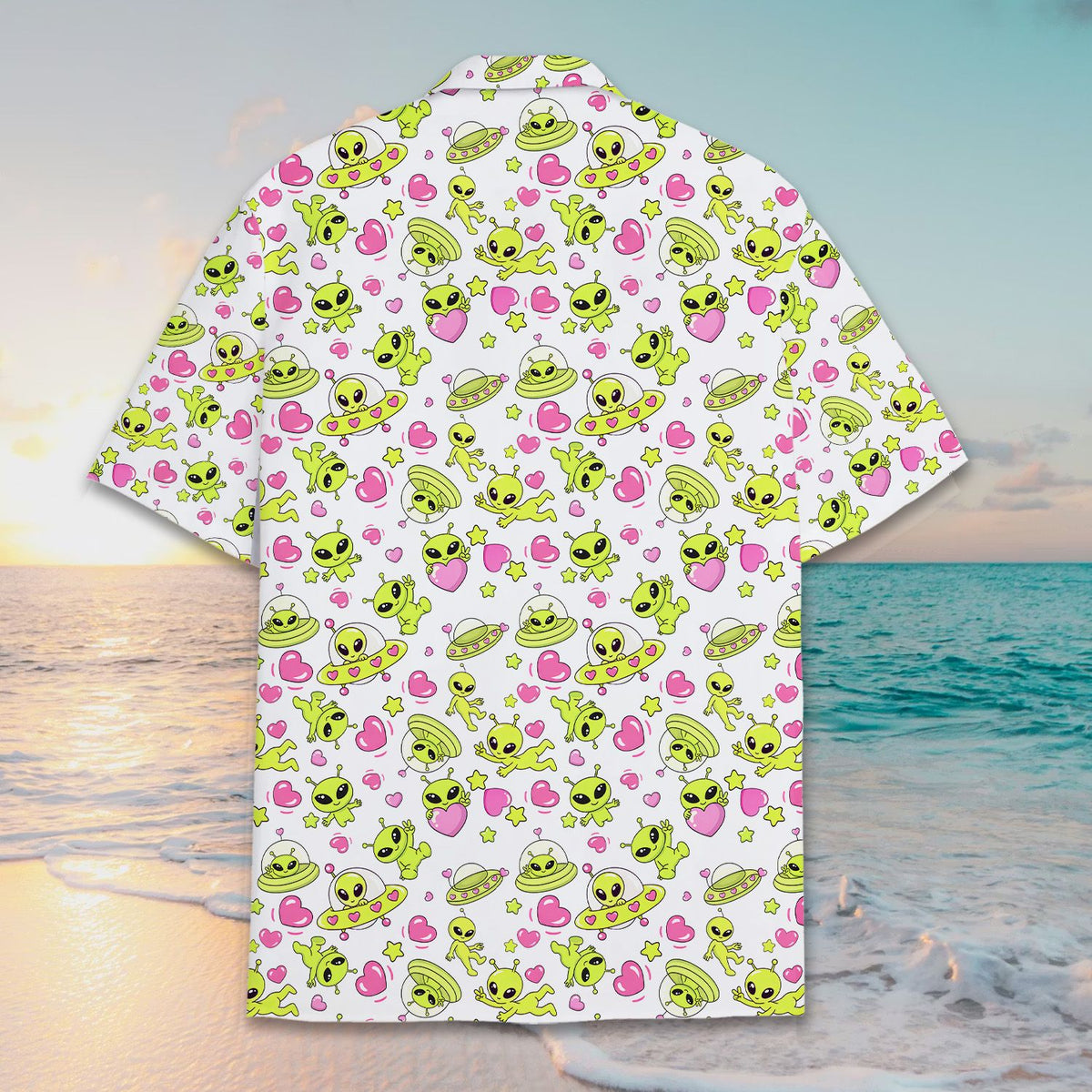 Detailed back view of the alien hawaiian shirt pattern