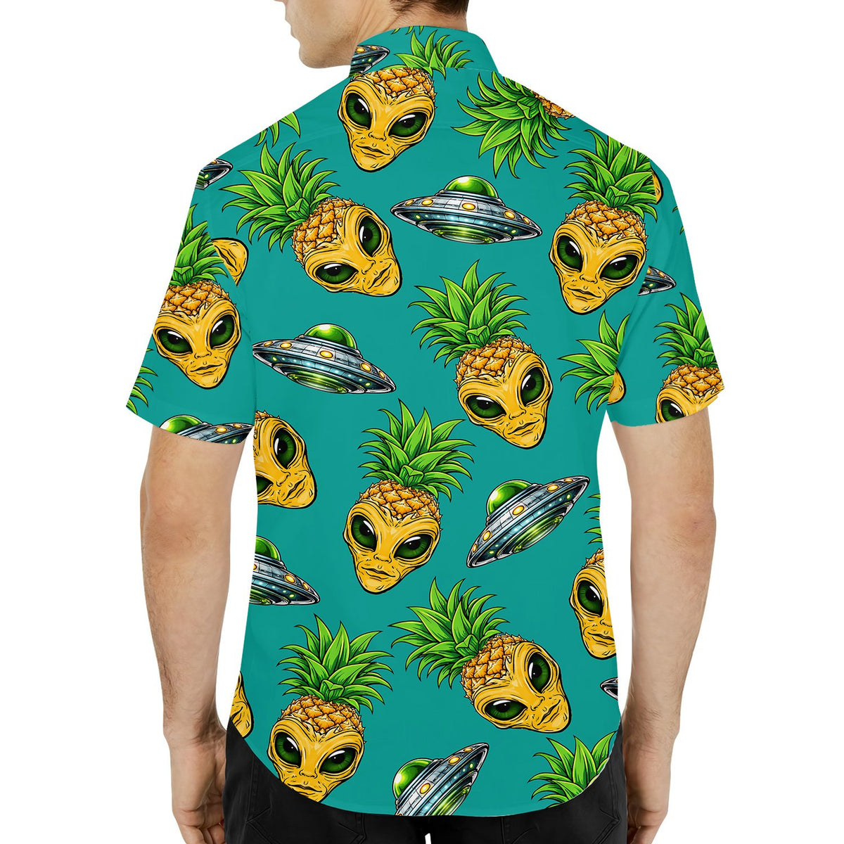 Close-up lifestyle view of the vibrant alien pineapple hawaiian shirt