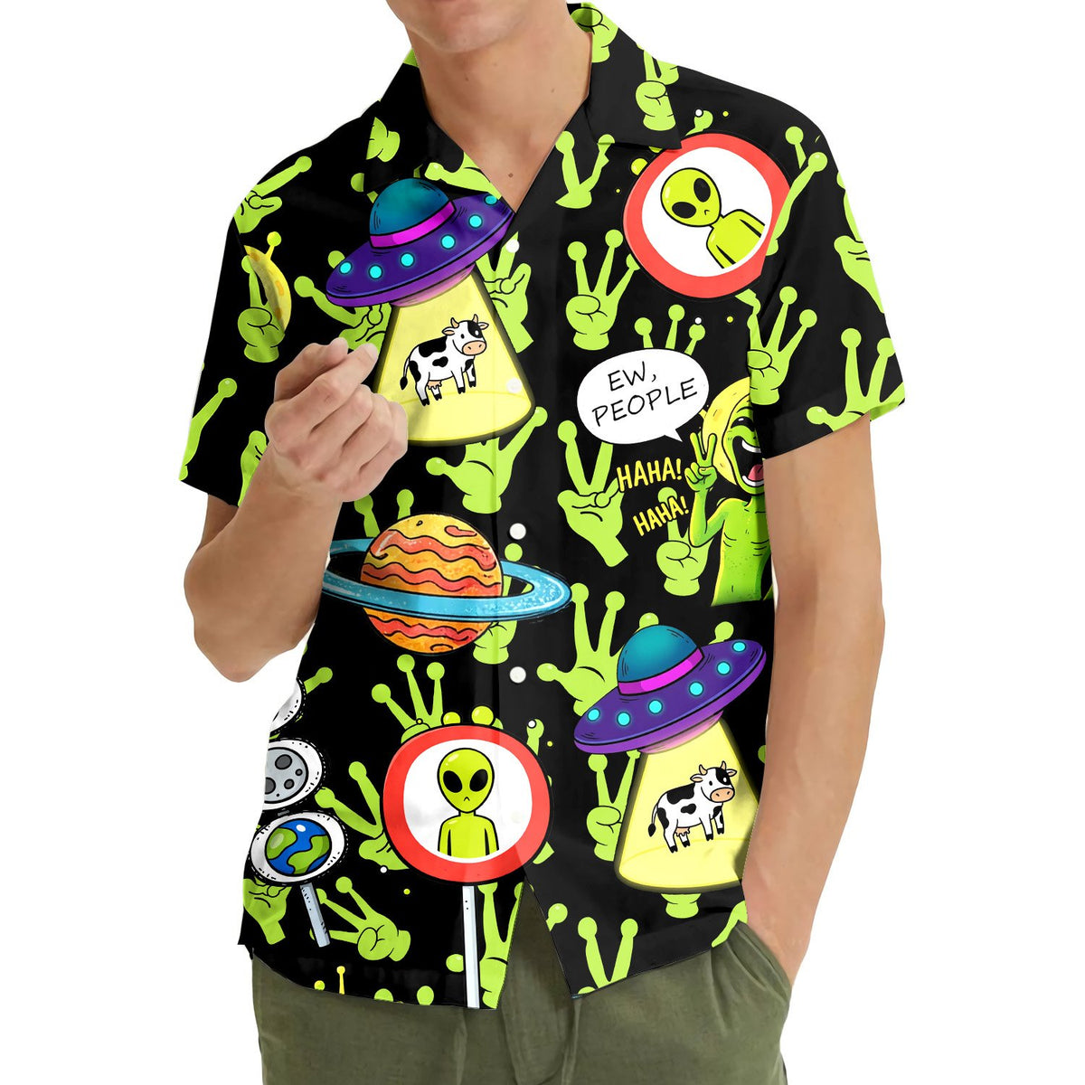 Another lifestyle view featuring the aliens hawaiian shirt
