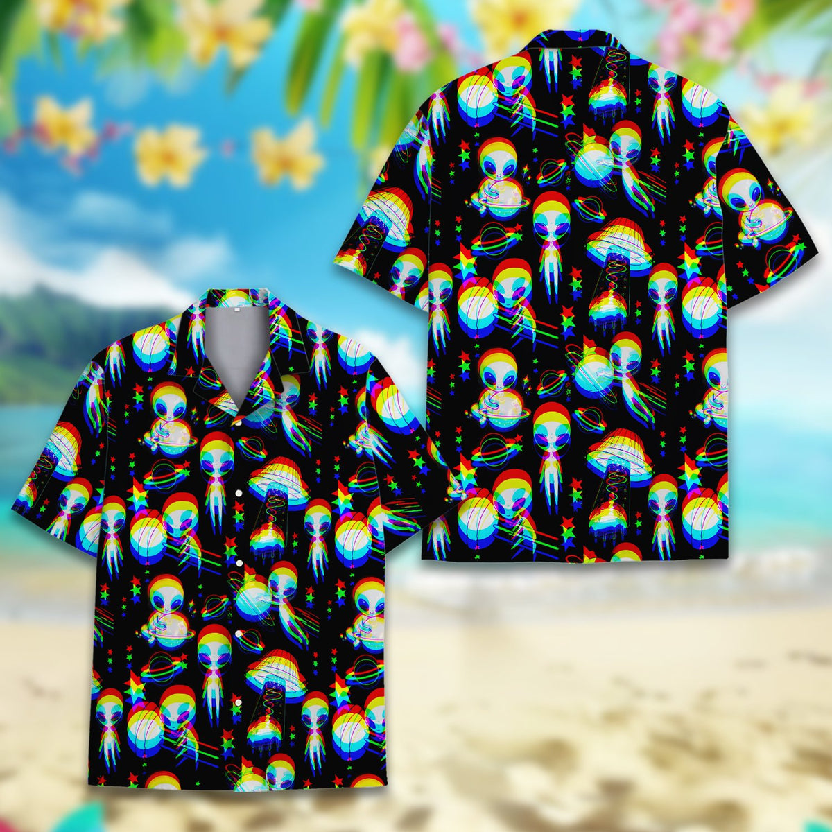 Additional close up view of the alien hawaiian shirt fabric and vibrant hues