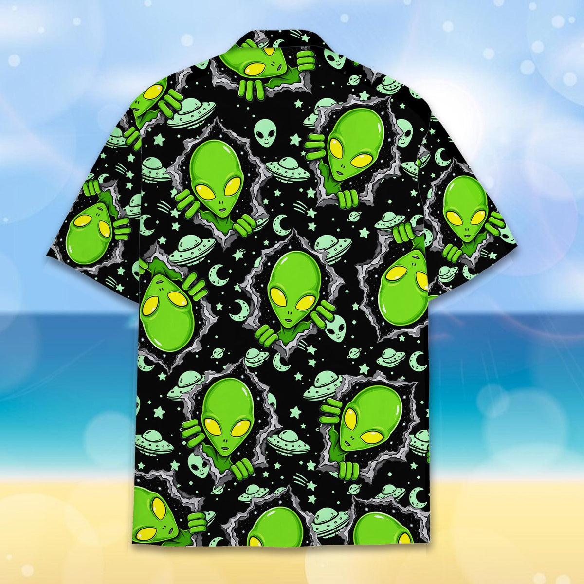 Detailed back view of the black aliens hawaiian shirt
