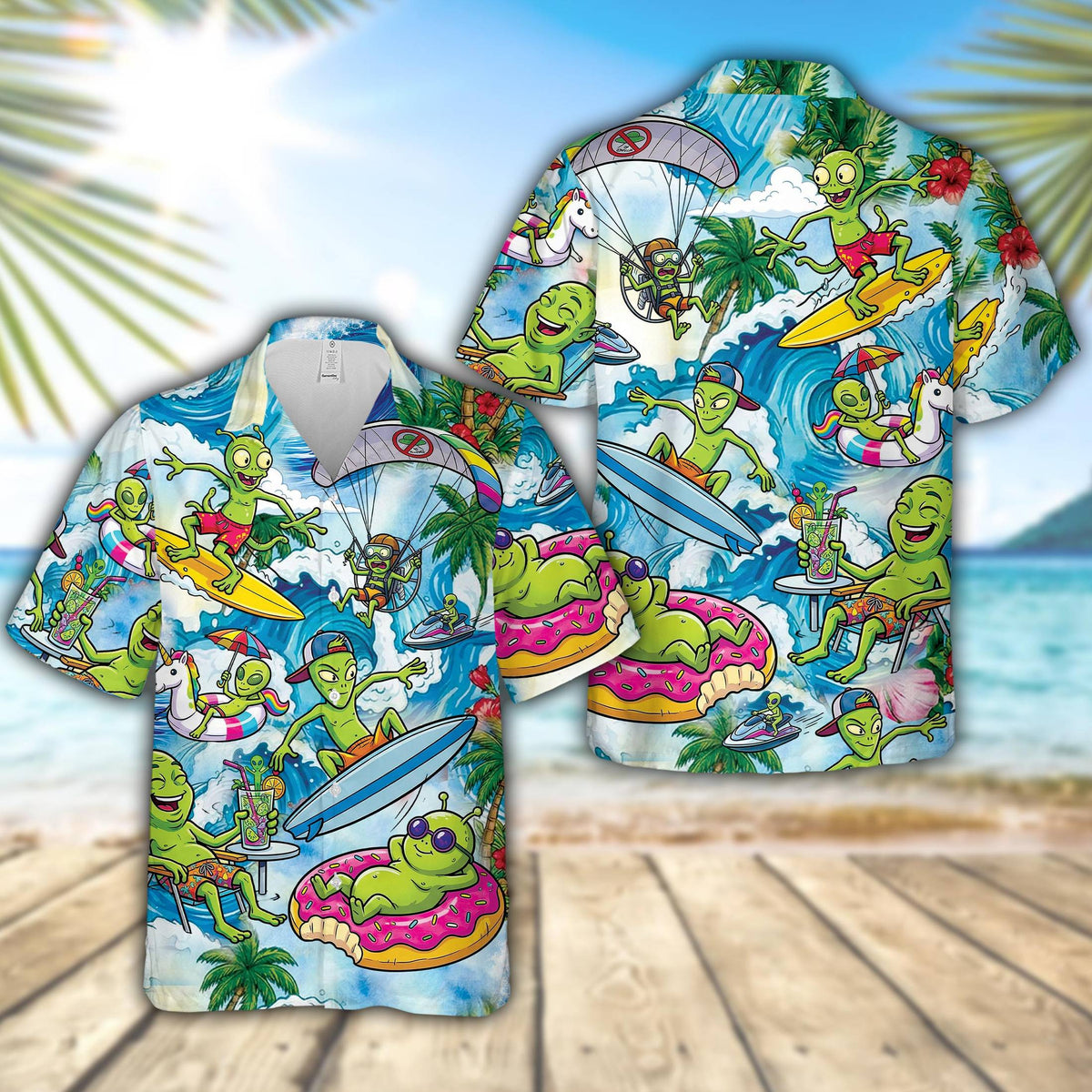 Front view of the aliens vacation hawaiian shirt with a colorful tropical blue ocean and palm tree background