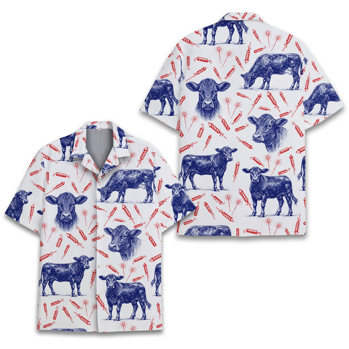 Fabric detail of the angus cows and fireworks hawaiian shirt showing blue sketches