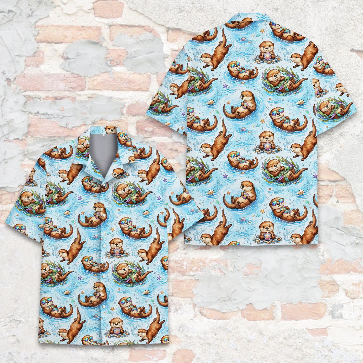 Another detail shot of the light blue sea otter hawaiian shirt