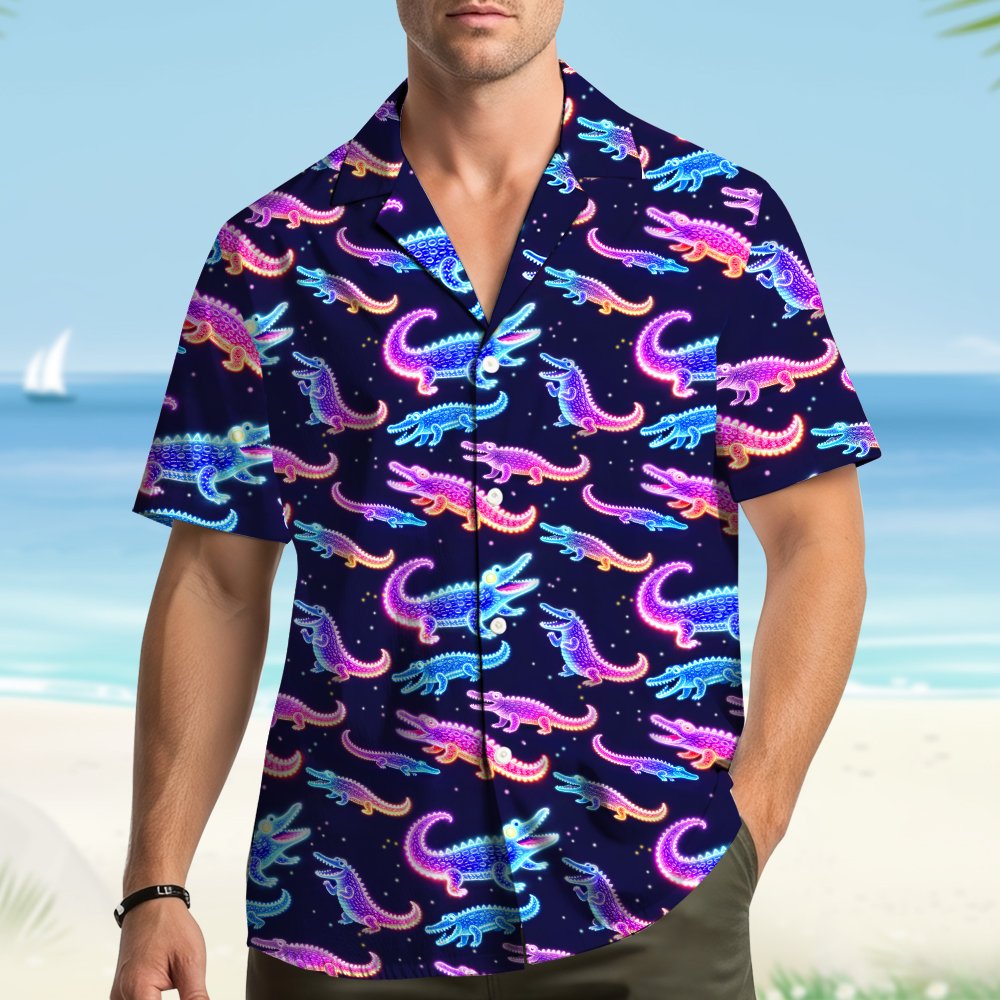 Another lifestyle image featuring the neon crocodile shirt worn casually