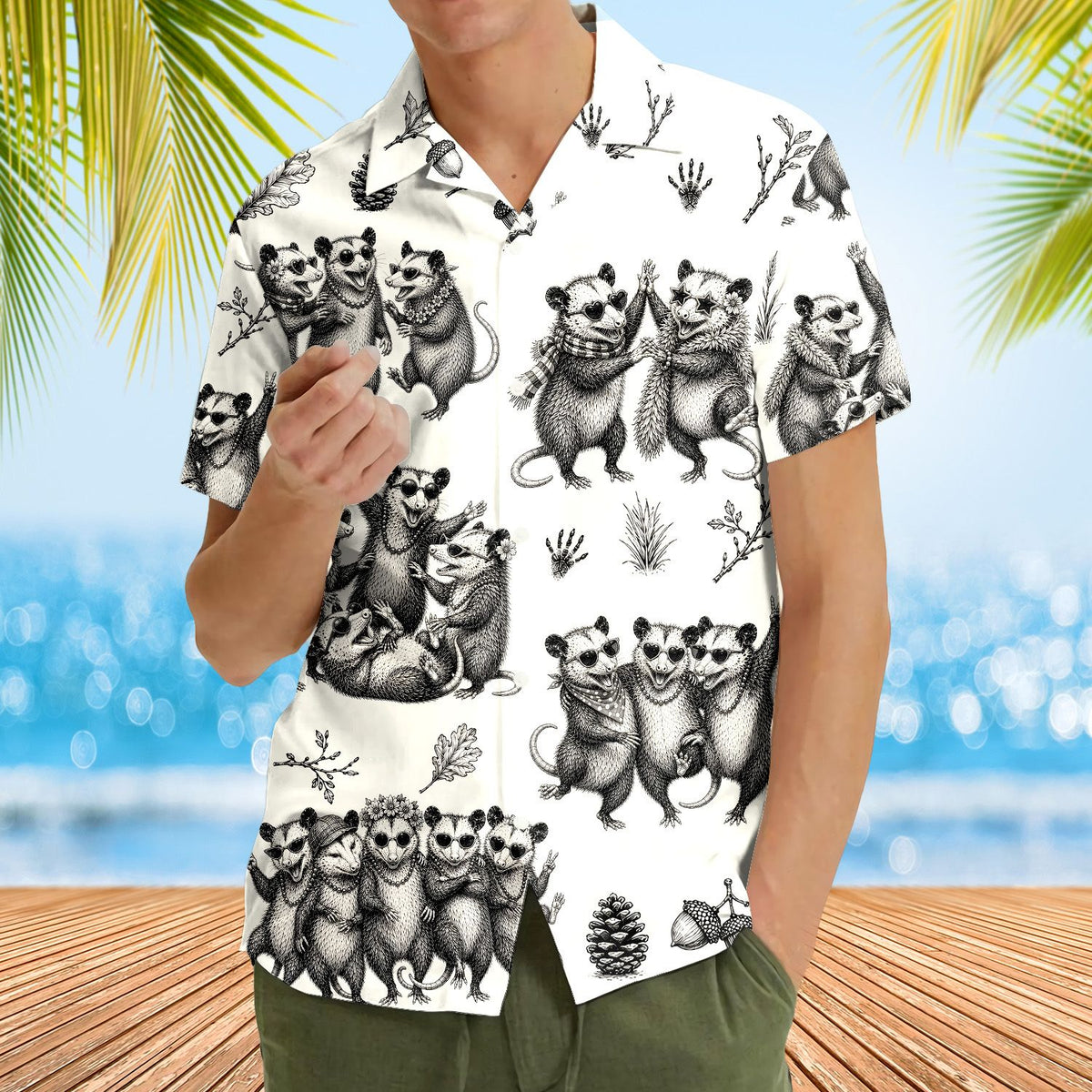 Fourth lifestyle view highlighting the fun hand-drawn opossum pattern.