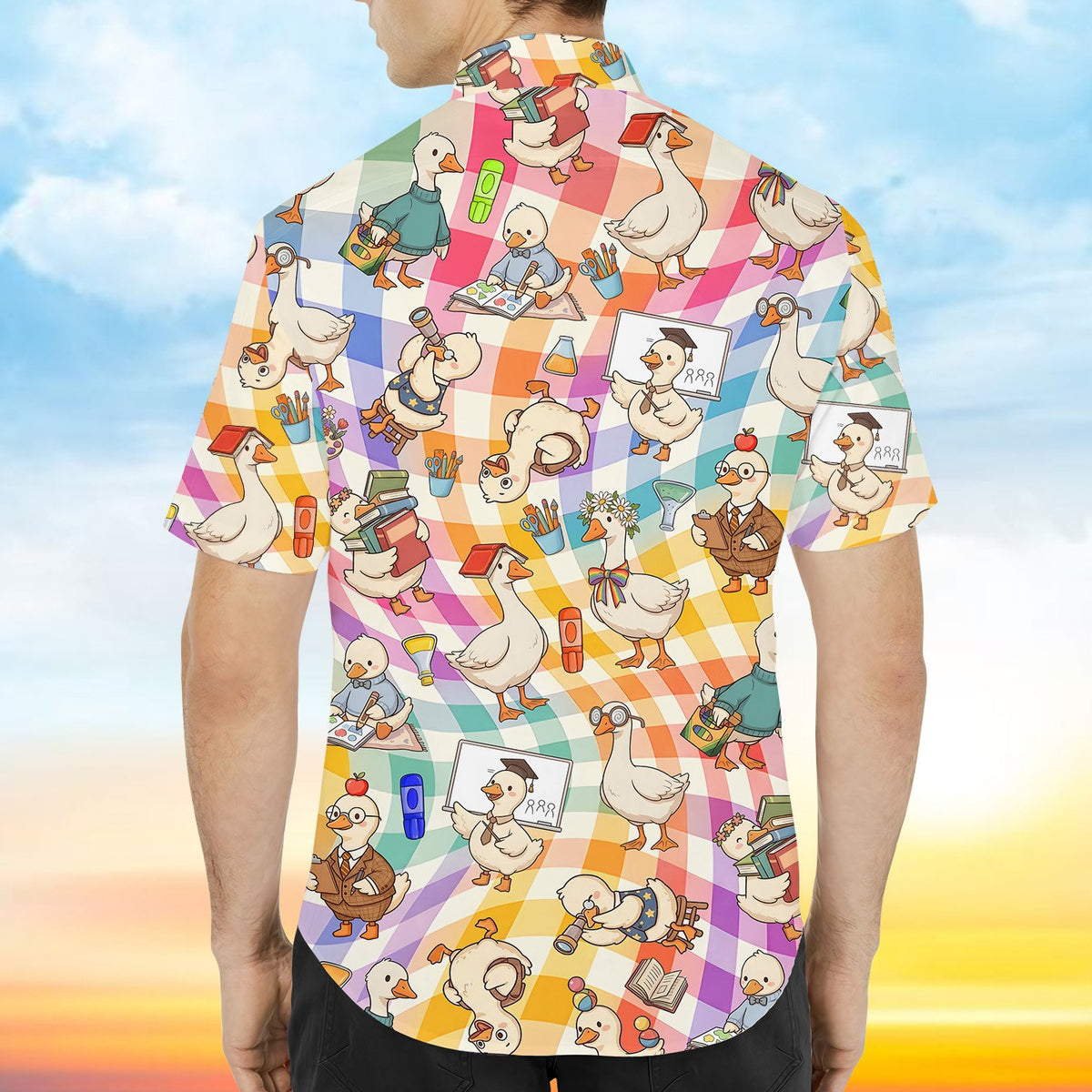 Multicolor back hawaiian shirt featuring back-to-school ducks, back view 3