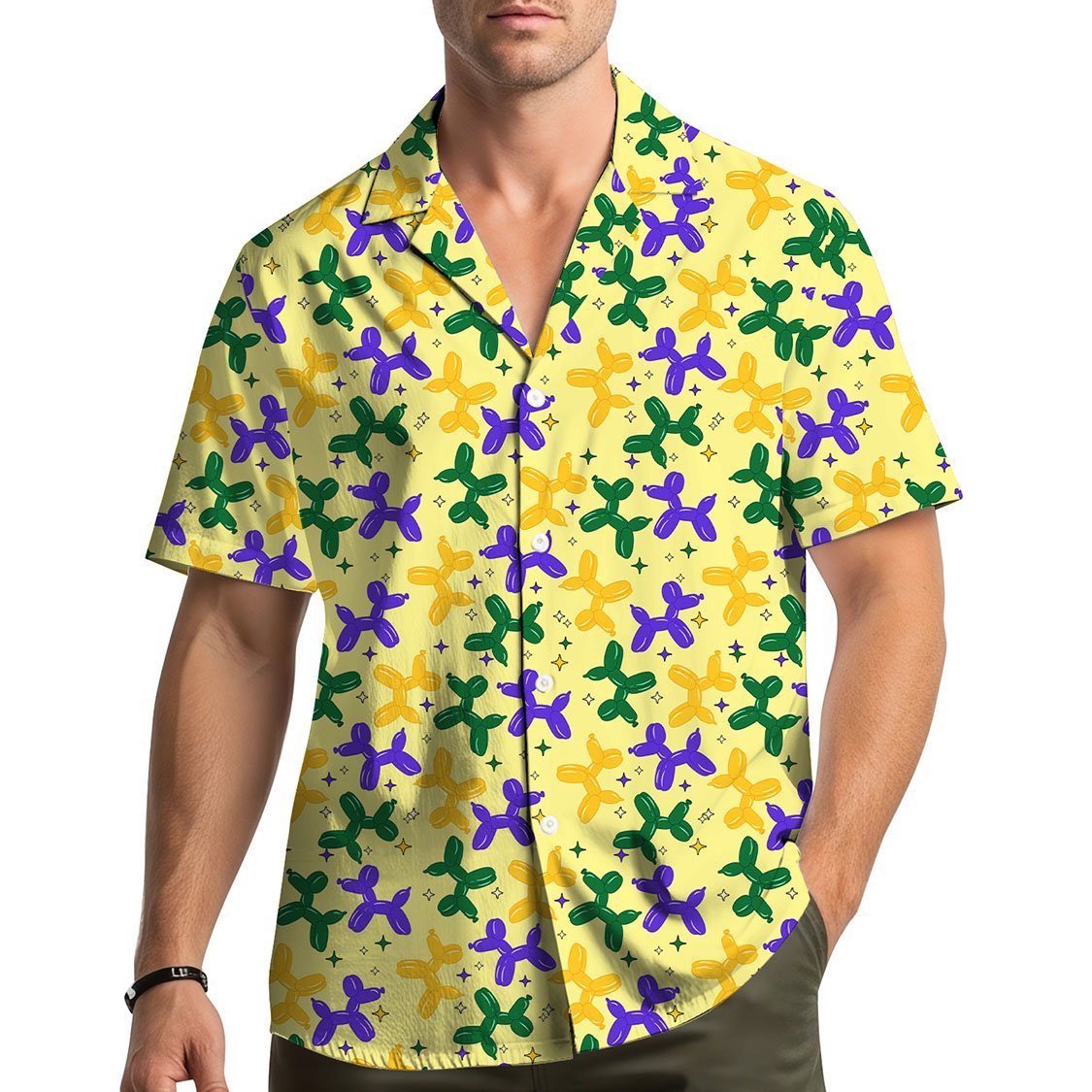 Lifestyle view of matching family hawaiian shirts in yellow balloon pattern