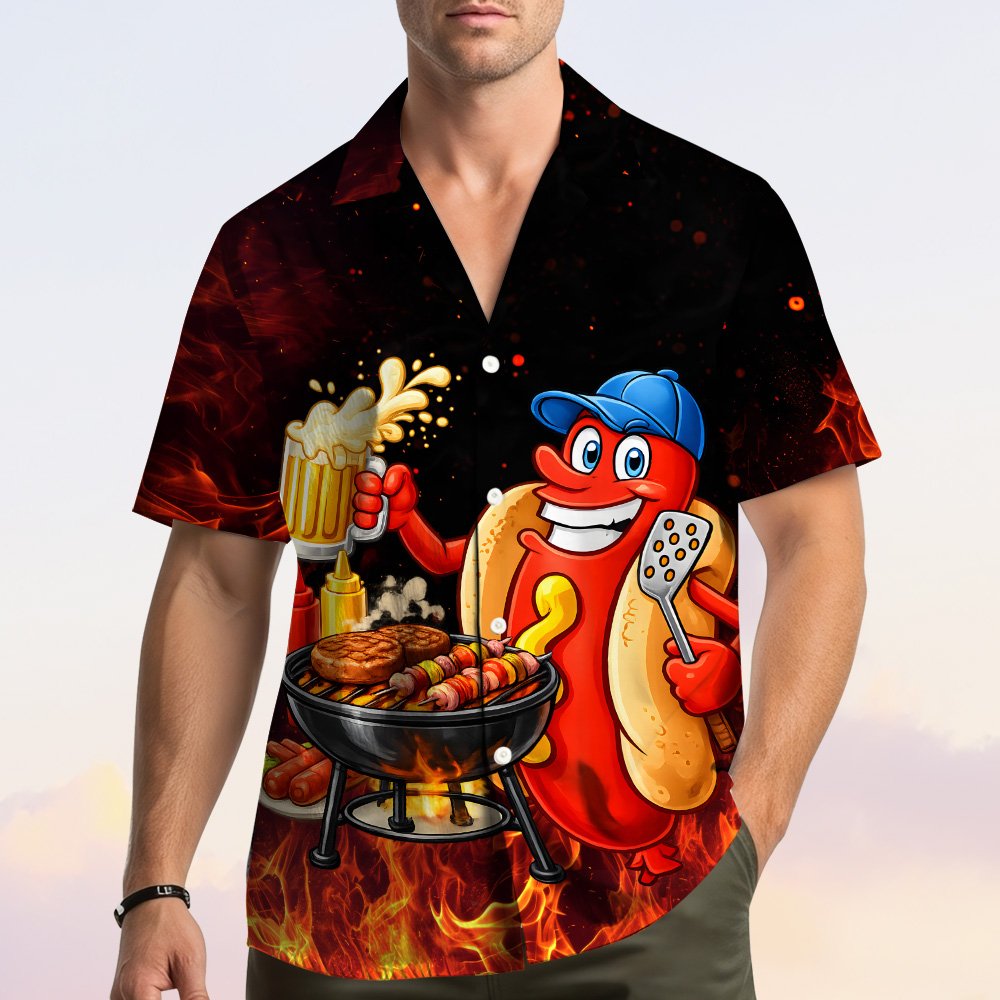 Second lifestyle shot showing the BBQ hawaiian shirt outdoors.