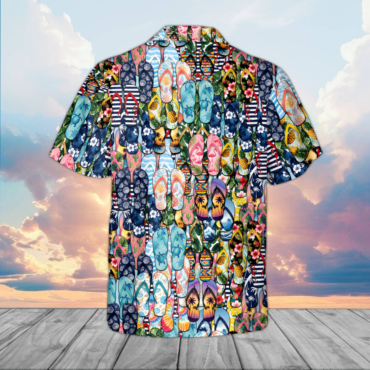Back view of the multicolor beach hawaiian shirt featuring summer flip-flops