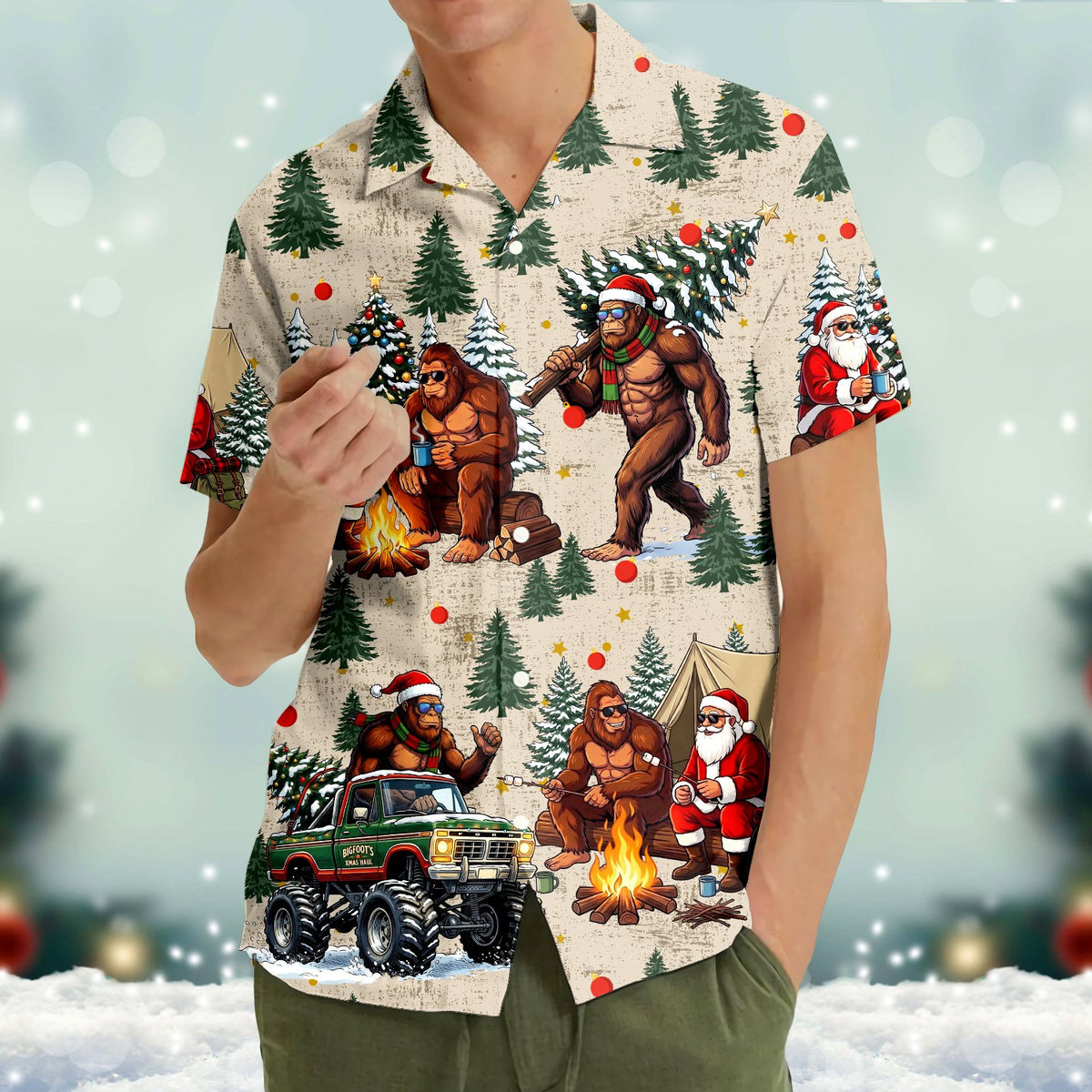 Fourth lifestyle shot of the Bigfoot and Santa holiday shirt.