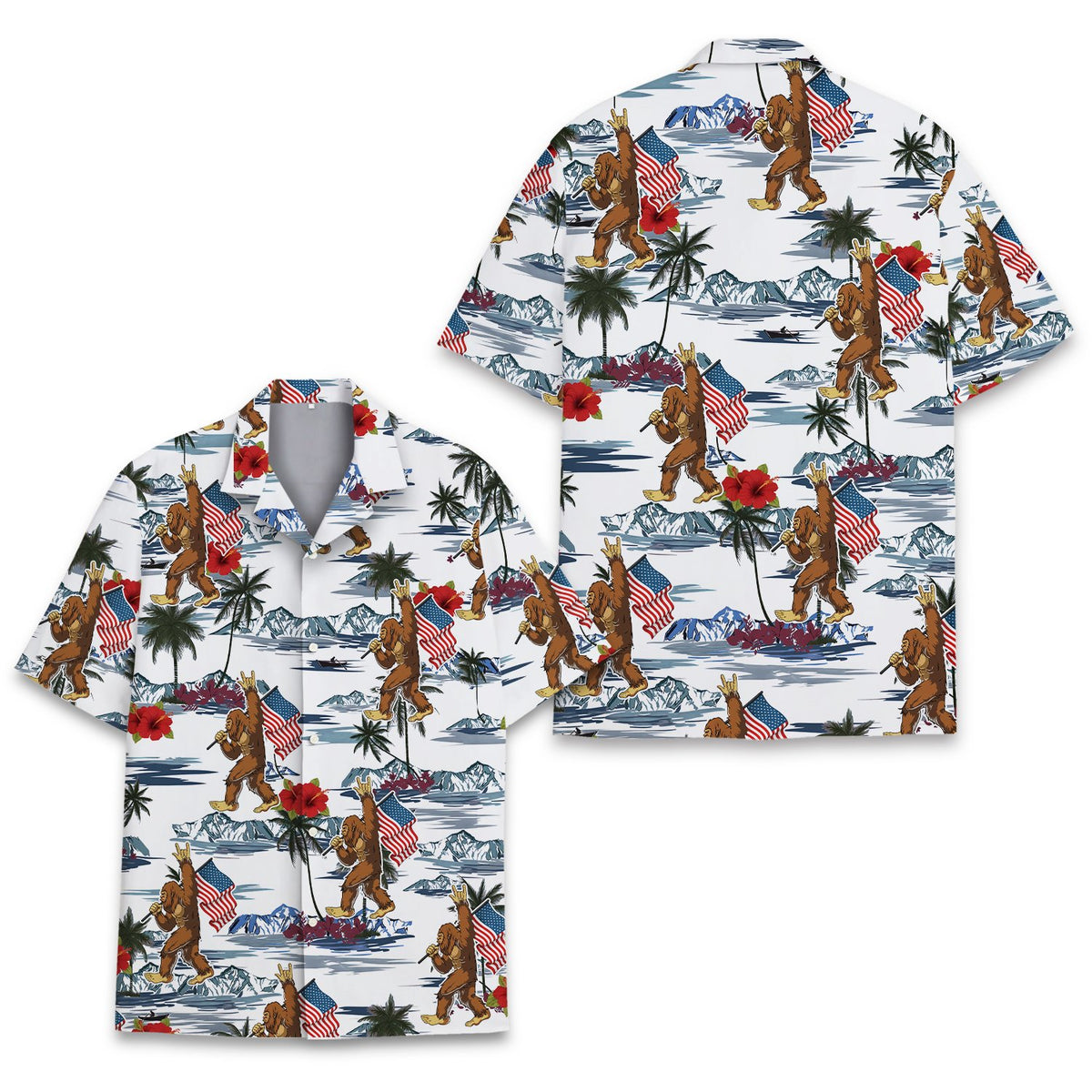 Detailed view of the tropical pattern and fabric on the bigfoot hawaiian shirt