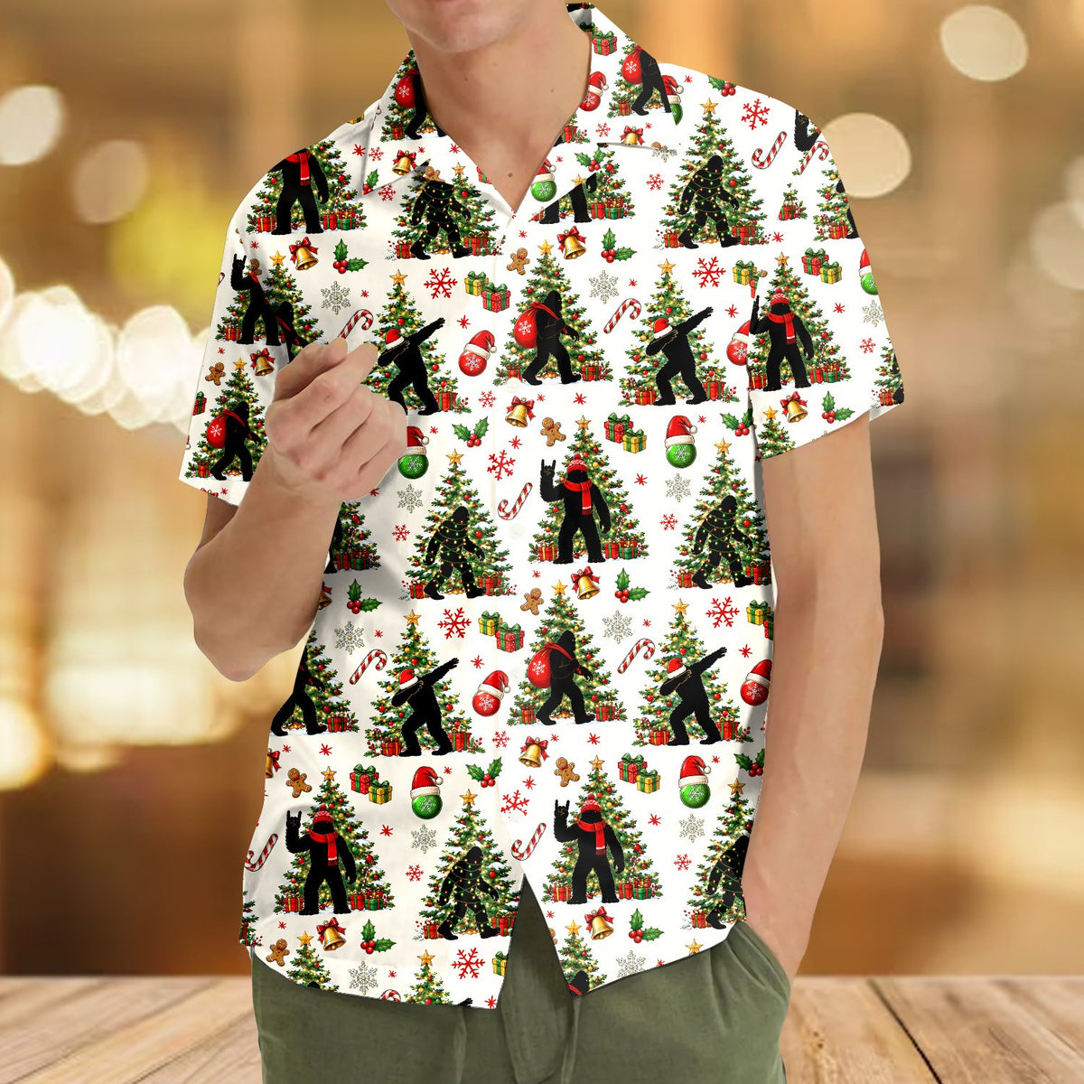 Fourth lifestyle view of the festive Bigfoot hawaiian shirt