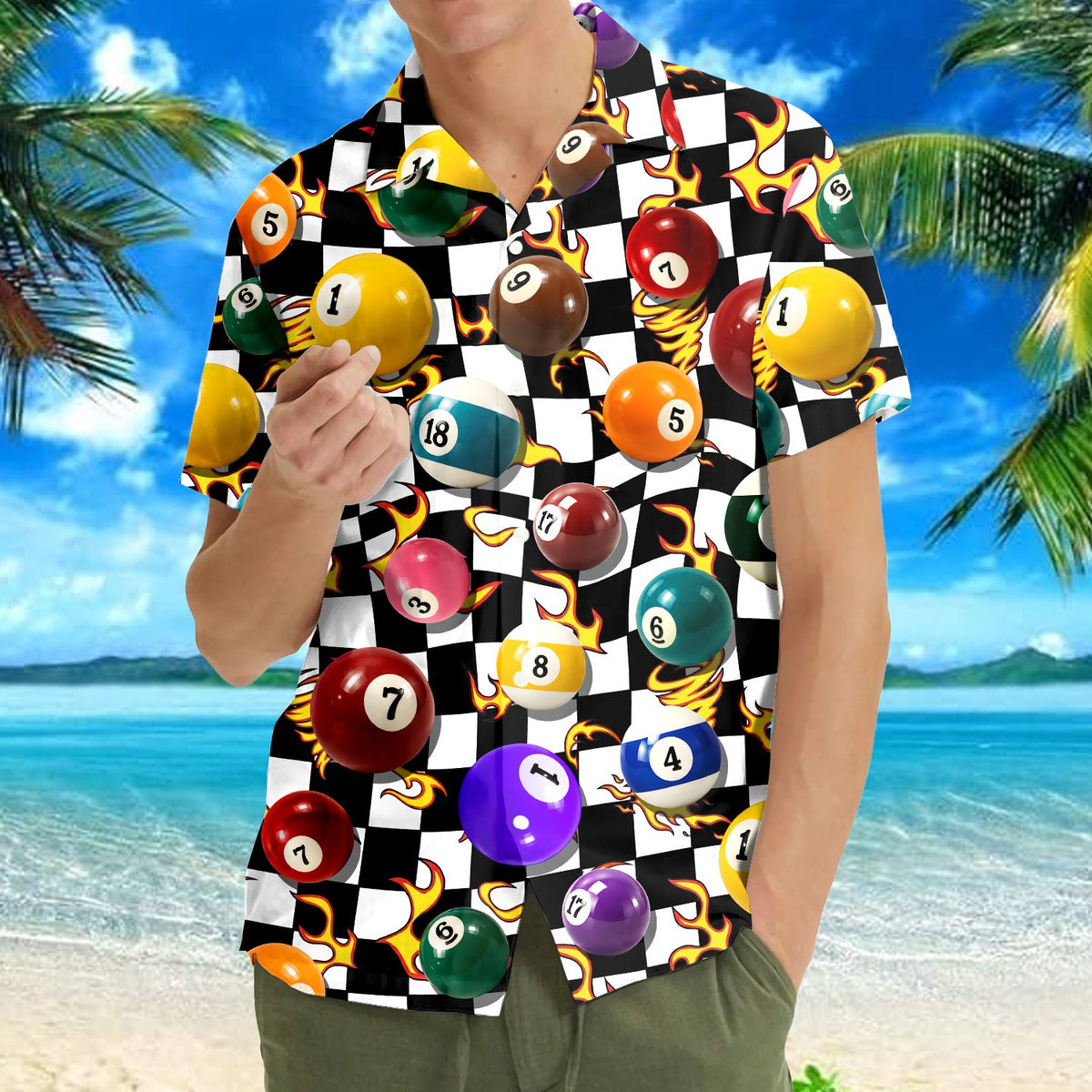 Black billiards Hawaiian shirt worn by a young child, highlighting the colorful pool balls, front view