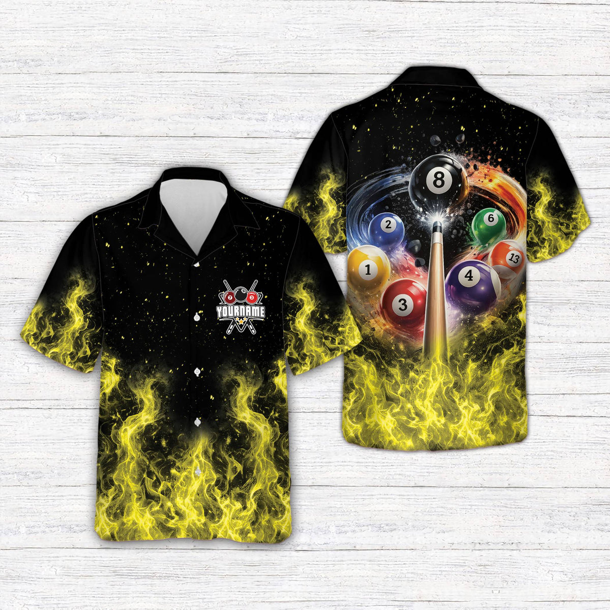 Front view of the personalized yellow billiards hawaiian shirt
