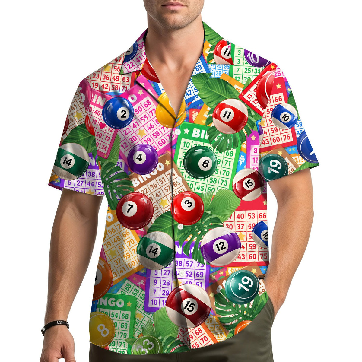 Fourth lifestyle view showing the bingo hawaiian shirt in an everyday setting