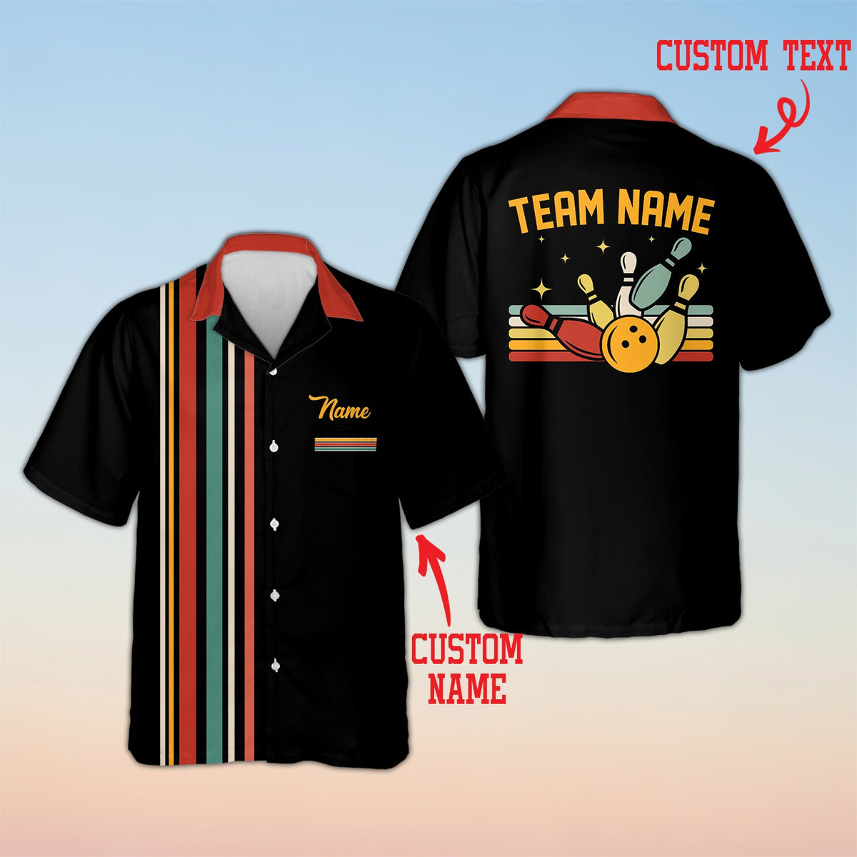 Black bowling theme hawaiian shirt with custom name details, front view