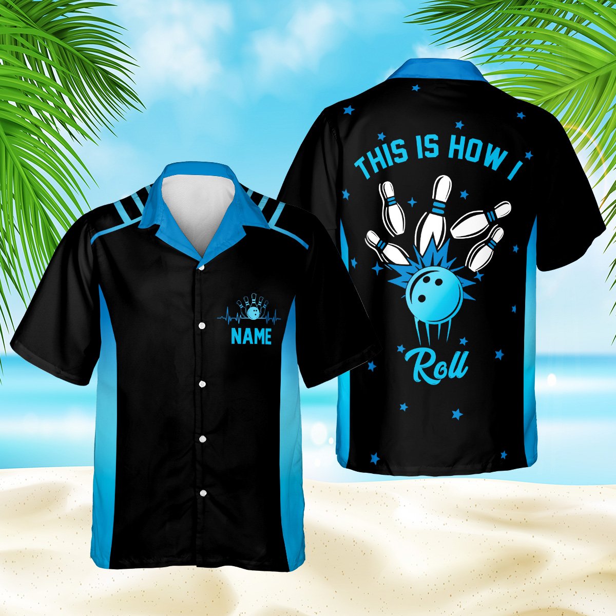 Back view of bowling hawaiian shirt featuring THIS IS HOW I Roll strike graphic