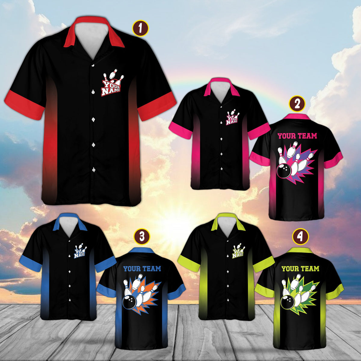 Front view of the black and lime green bowling hawaiian shirt for men and family