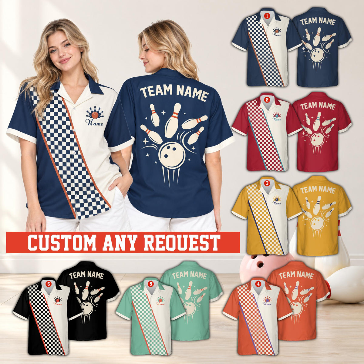 Lifestyle view of a group wearing multicolor personalized retro bowling hawaiian shirts