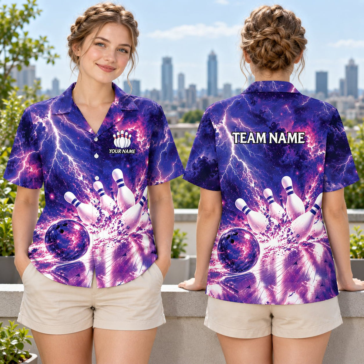 Lifestyle view of a family wearing the matching family hawaiian shirts