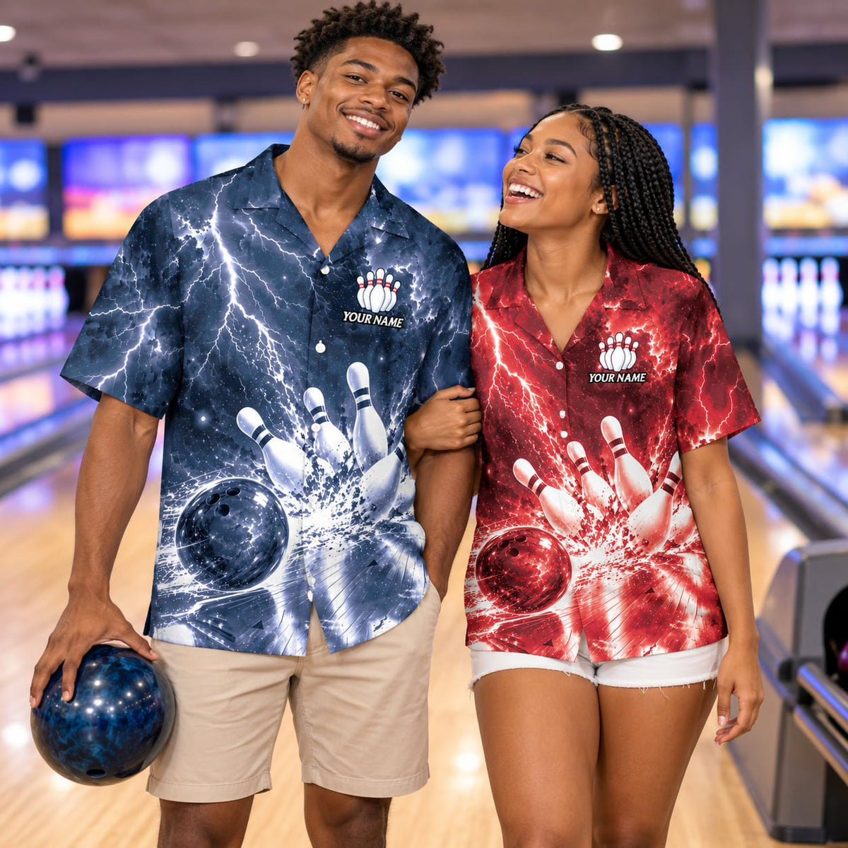 Family wearing matching personalized bowling hawaiian shirts