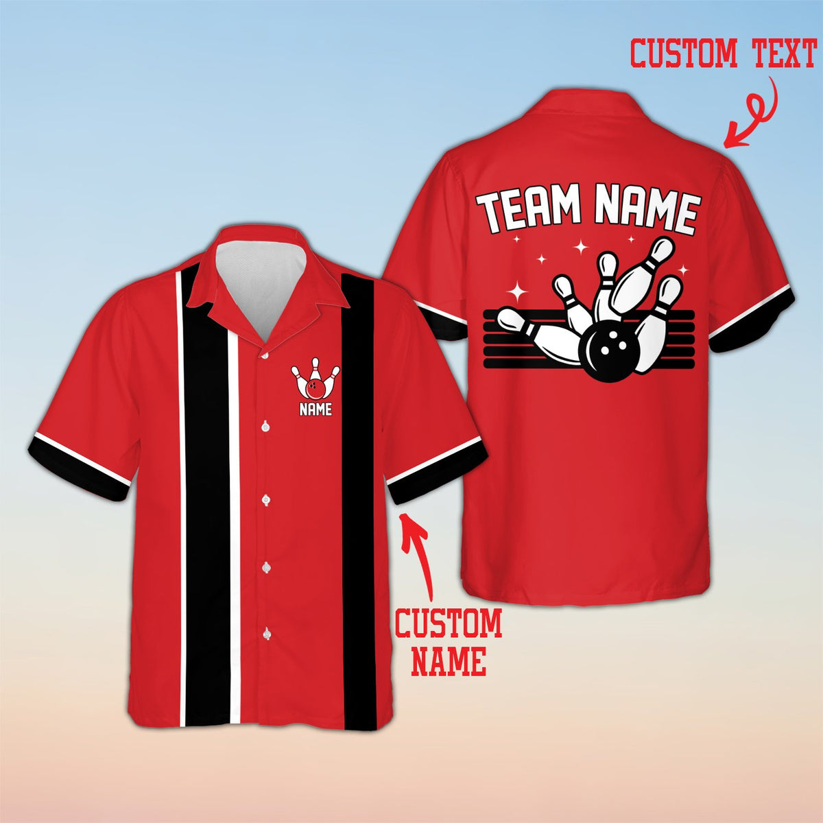 Red matching family Hawaiian shirt with bowling design, front view
