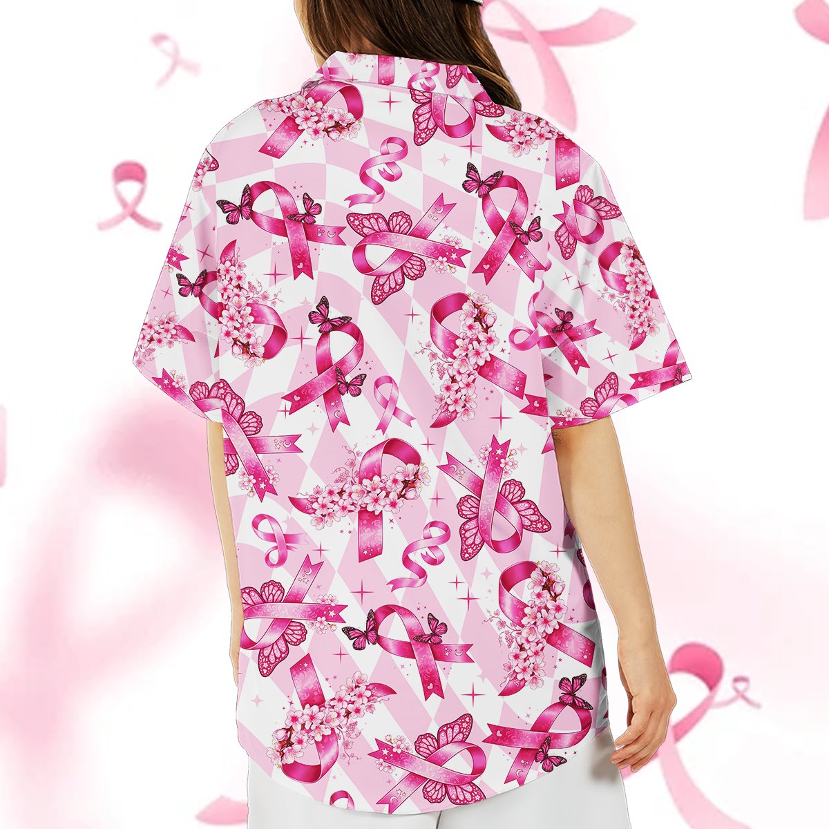 Fourth lifestyle view of the pink and white checkered awareness shirt