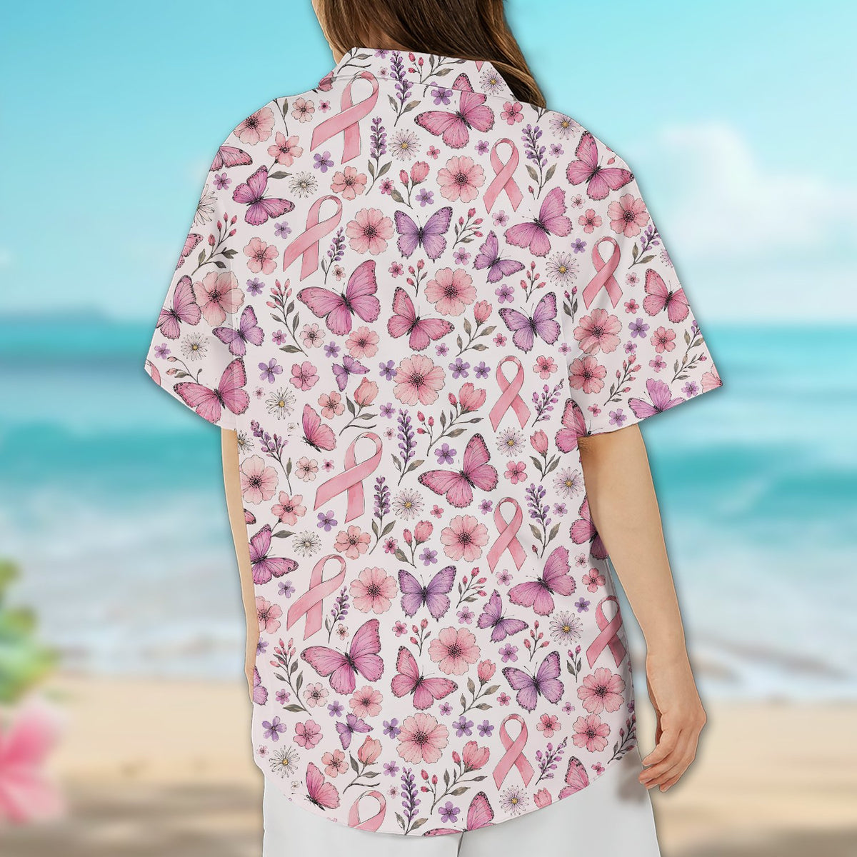 Lifestyle view 7 of the breast cancer awareness hawaiian shirt