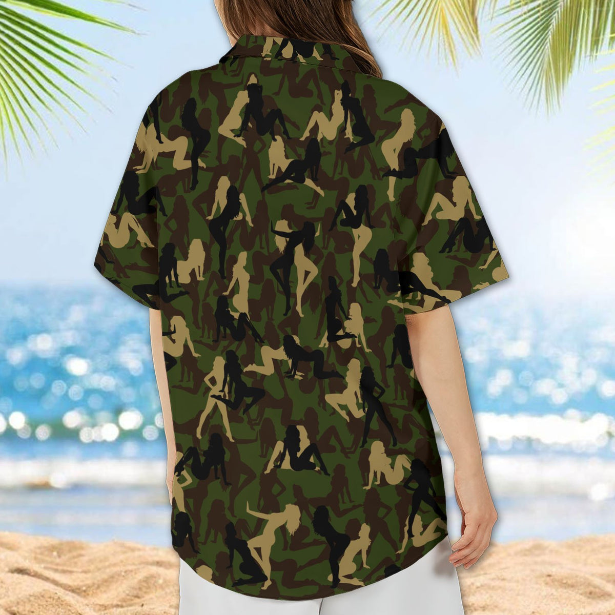 Alternate back view of the camo hawaiian shirt