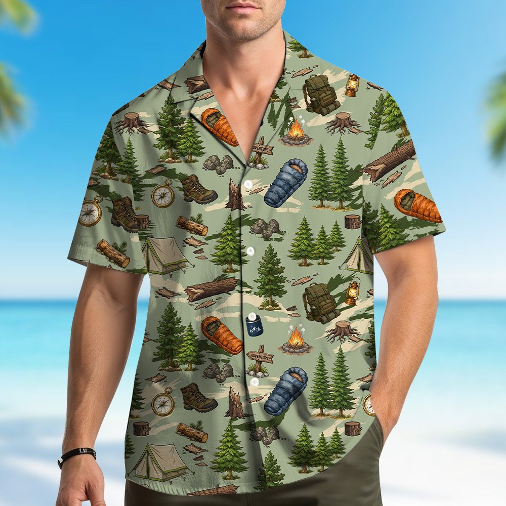 Third lifestyle view of the matching family hawaiian shirts