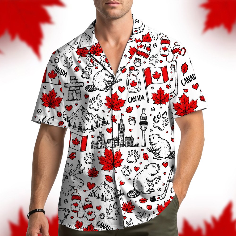 Second lifestyle image of matching family hawaiian shirts with Canadian symbols