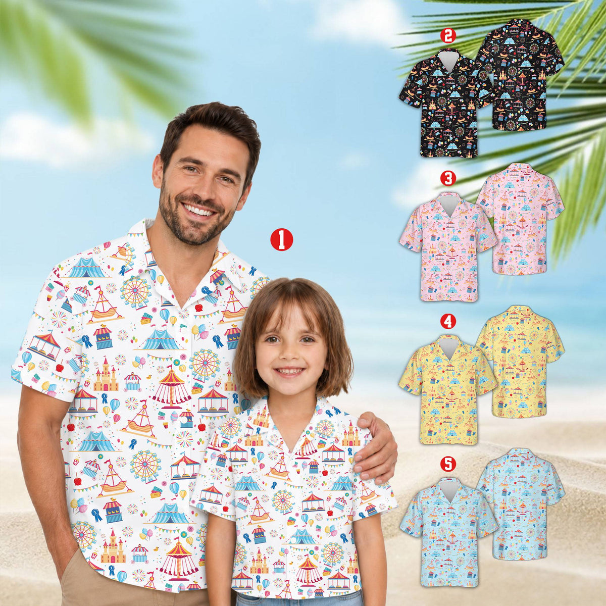 Family wearing matching carnival hawaiian shirts, lifestyle view
