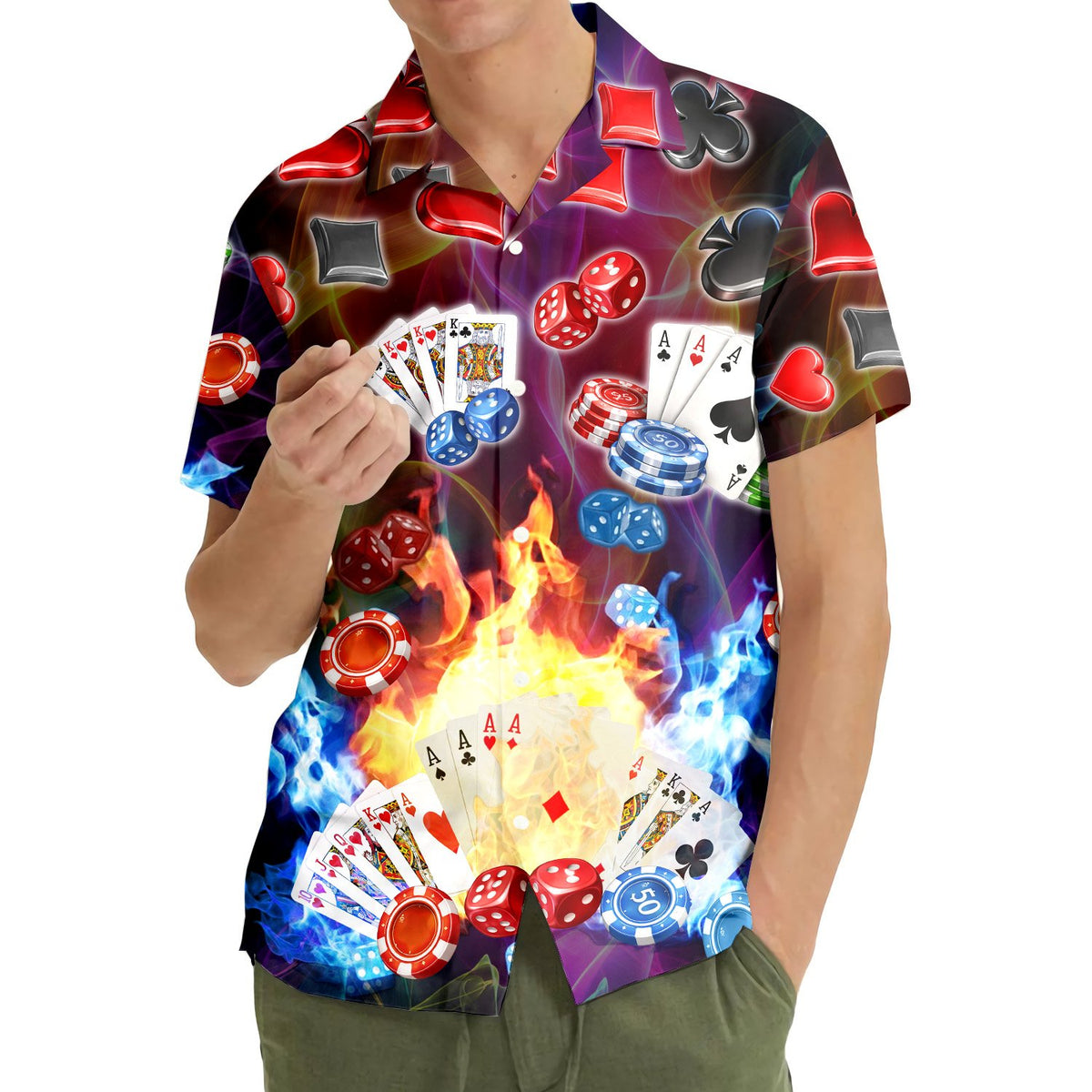 Third lifestyle view showing the casino gambling shirt in action