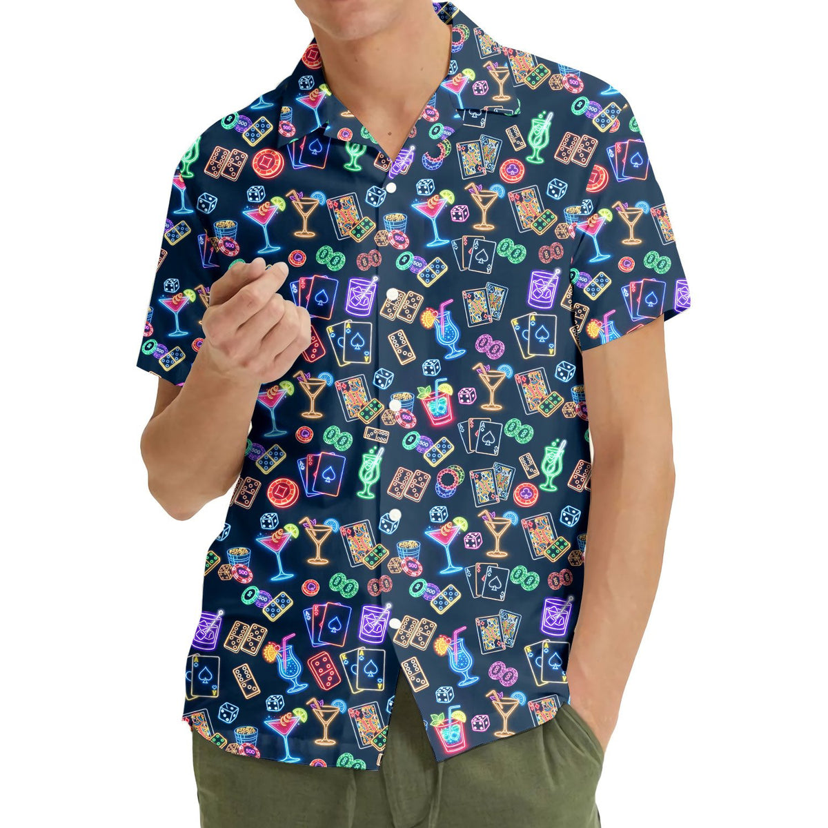 Group lifestyle shot featuring the vibrant casino neon hawaiian shirt