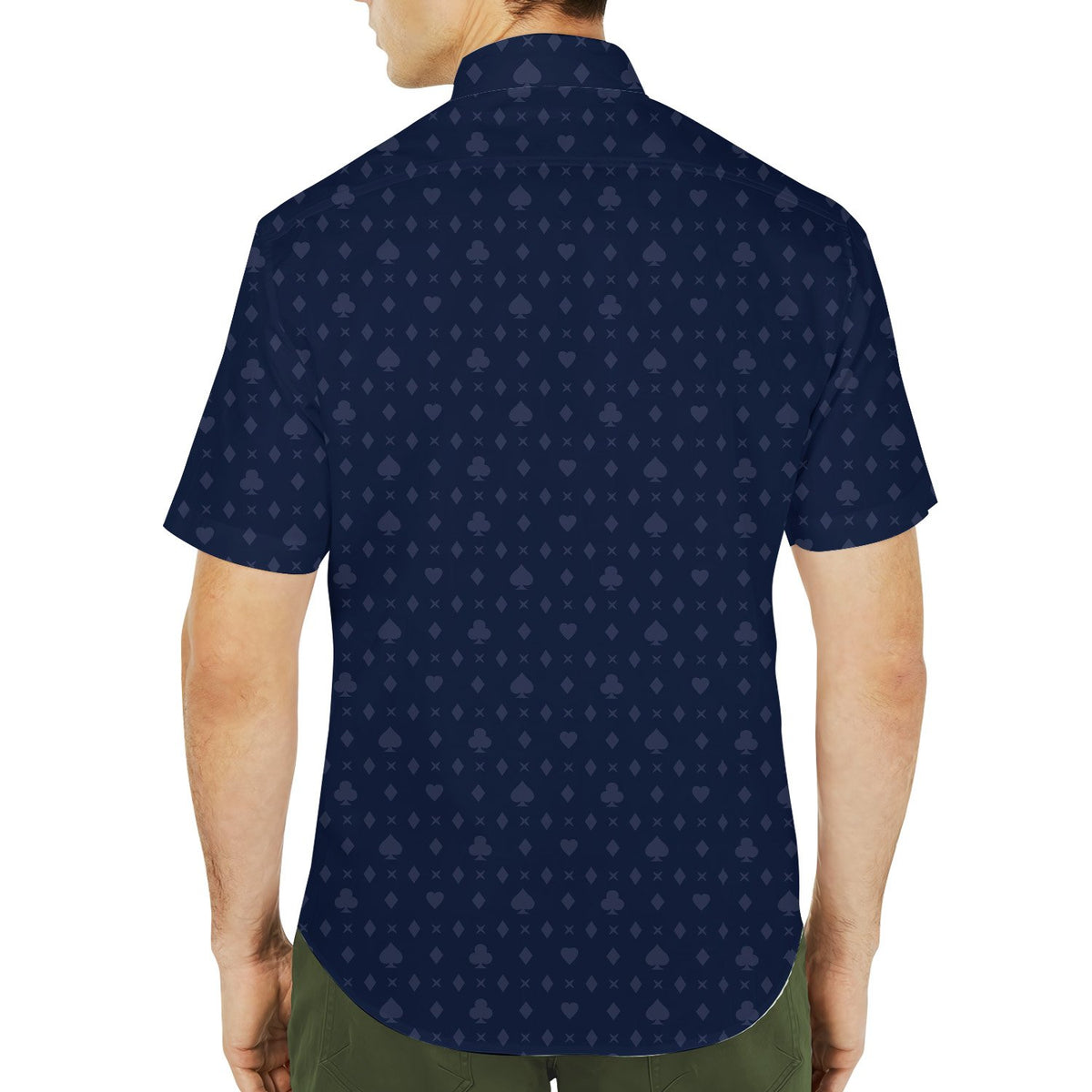 Second lifestyle image showing the matching family hawaiian shirts in navy