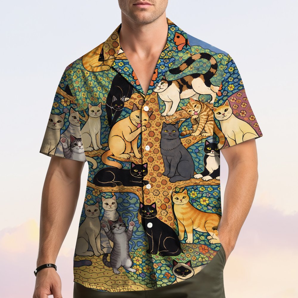Lifestyle image of someone wearing the matching family hawaiian shirts with cats design, alternate pose