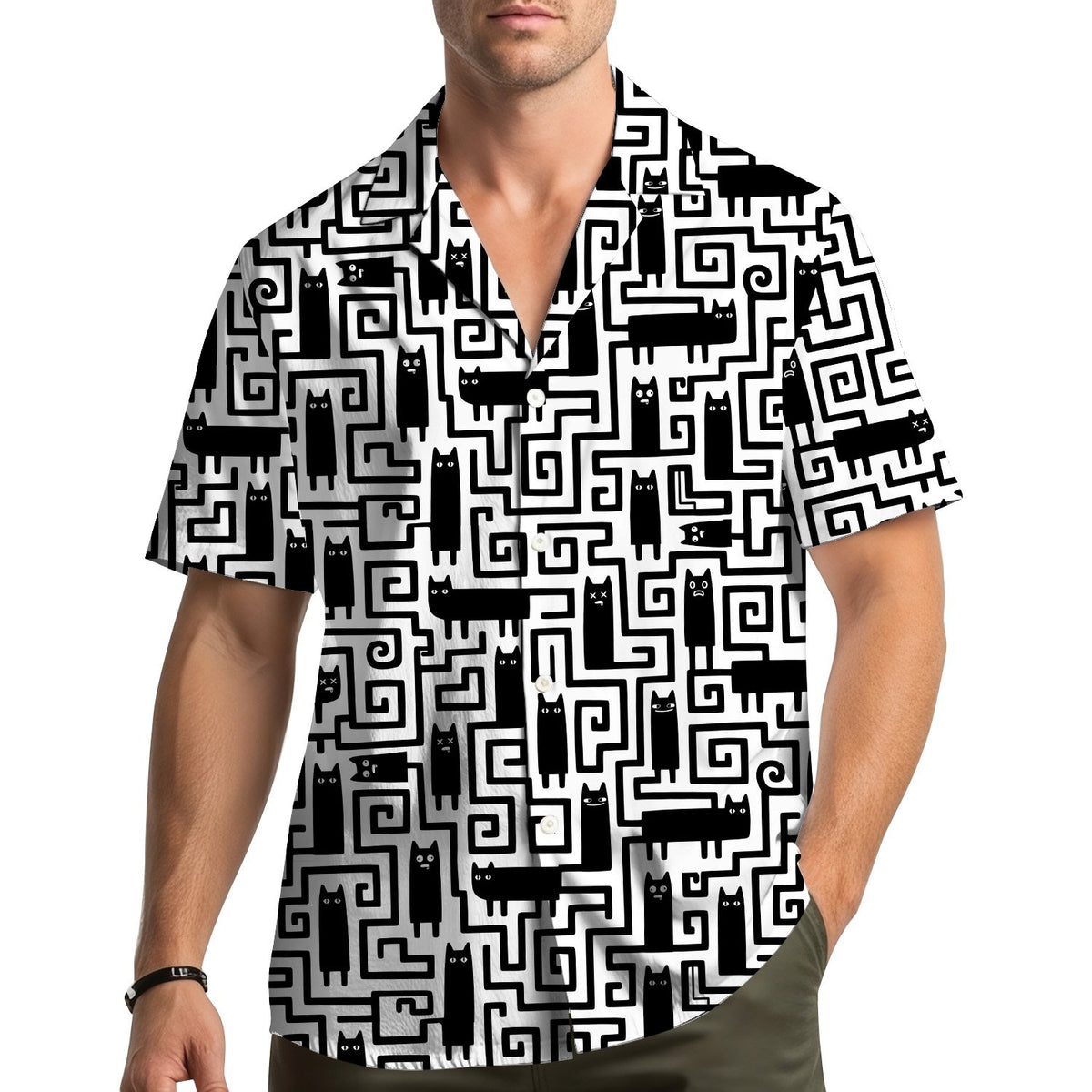 Lifestyle view highlighting the casual fit of the cats hawaiian shirt