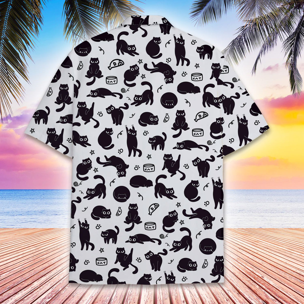 Lifestyle view 3 of someone wearing a white hawaiian shirt with black cats